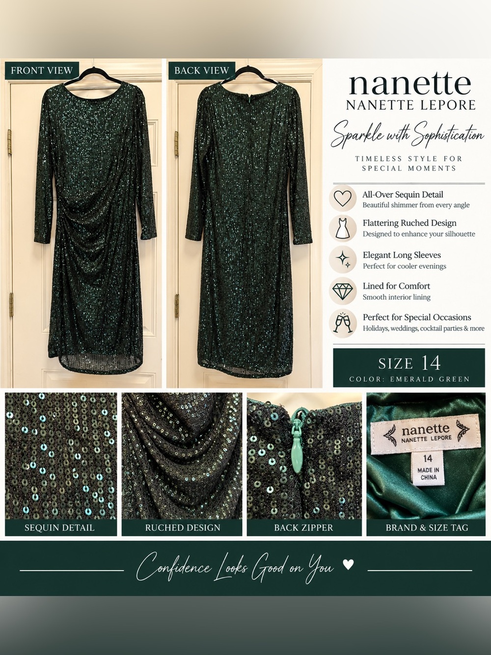 Nanette Lepore Emerald Green Sequin Ruched Cocktail Dress Size 14